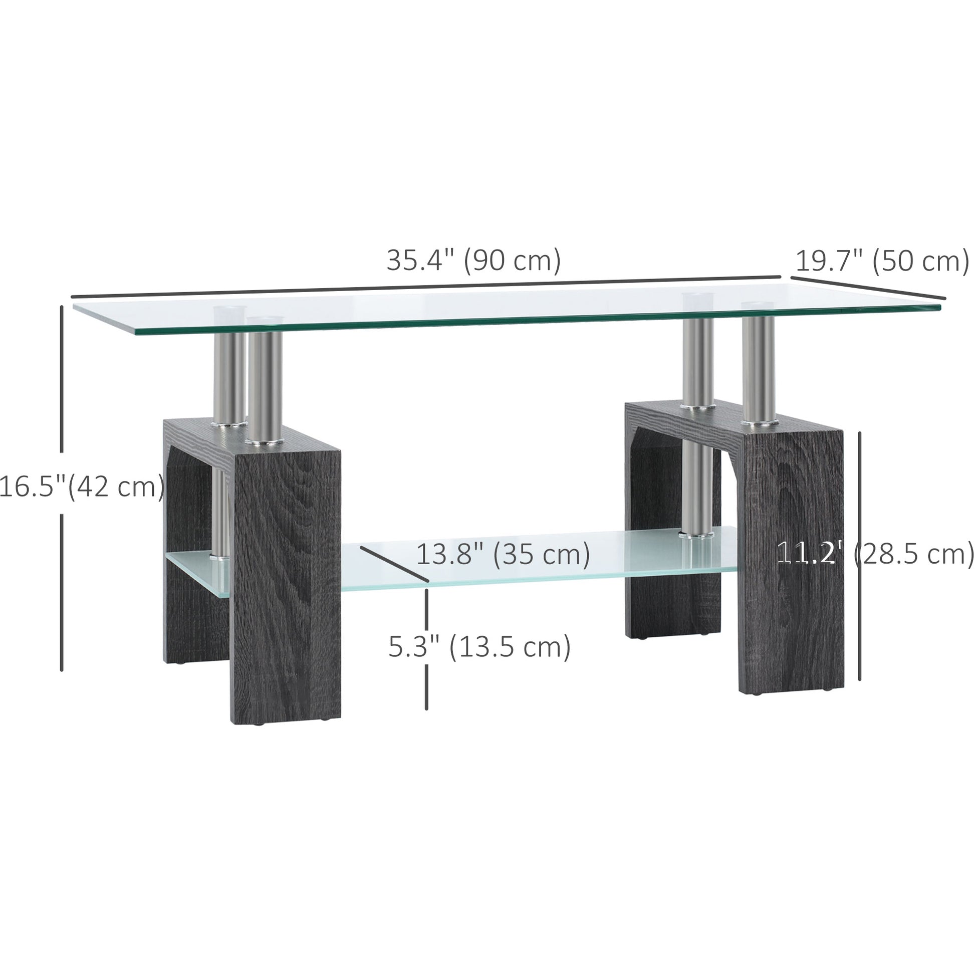 Rectangle Glass Coffee Table, 2-Tier Center Table with Tempered Glass Top and Storage Shelf for Living Room, Grey