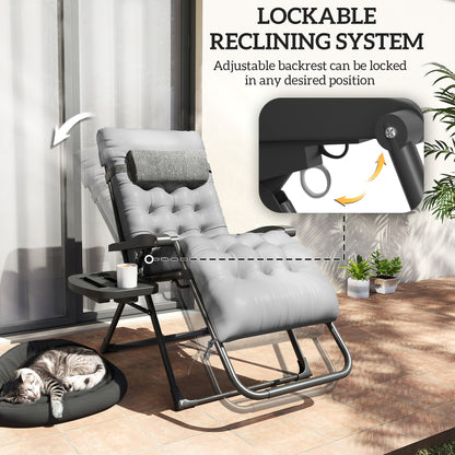 Padded Folding Recliner Chair, Patio Lounger with Cupholder, Adjustable Backrest, Removable Cushion, Grey