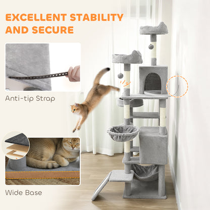 76" Large Cat Tree for Indoor Cats with 8 Scratching Posts, 3 Plush Beds, 2 Hammocks, 2 Large Condos, Ramp, Light Grey