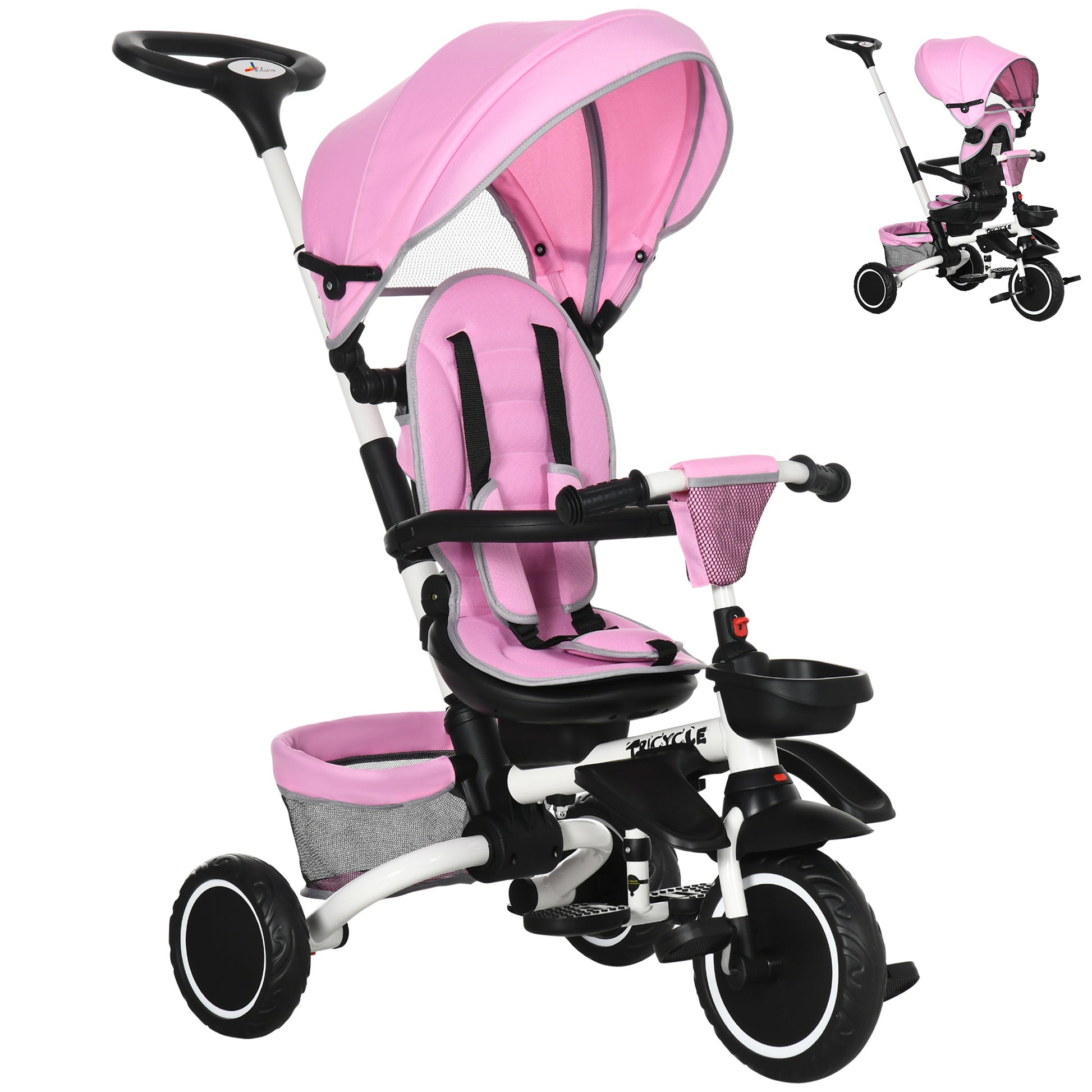 Aosom Tricycle for Toddler 6-in-1 Kids Trike, Foldable Converts Stroller to Baby Push Bike, Adjustable Backrest with Detachable Guardrail & Handle, Brake for 1-4 Years Old, Pink