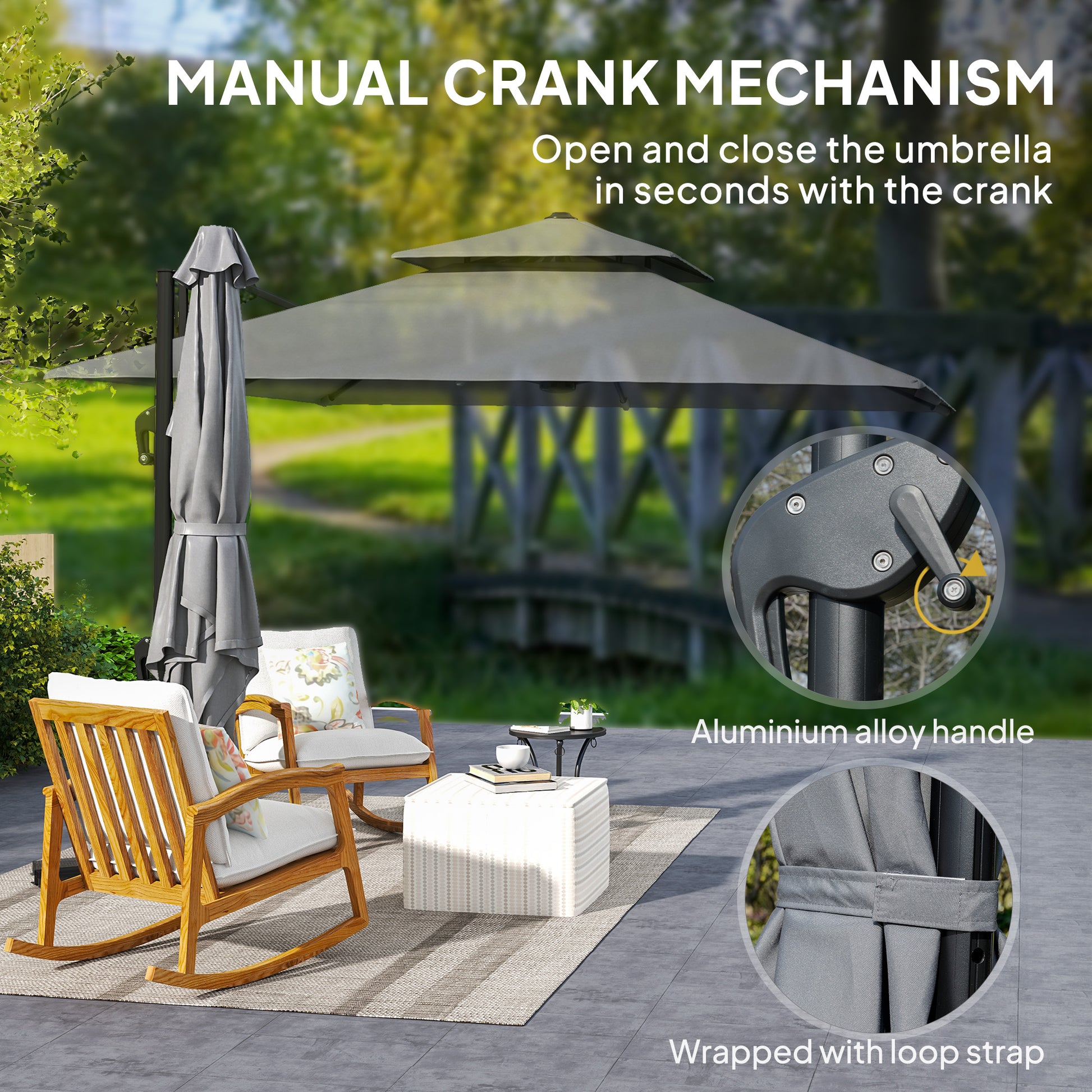 10' x 10' Cantilever Patio Umbrella, Double Top Square Offset Umbrella with 360° Rotation, Light Grey