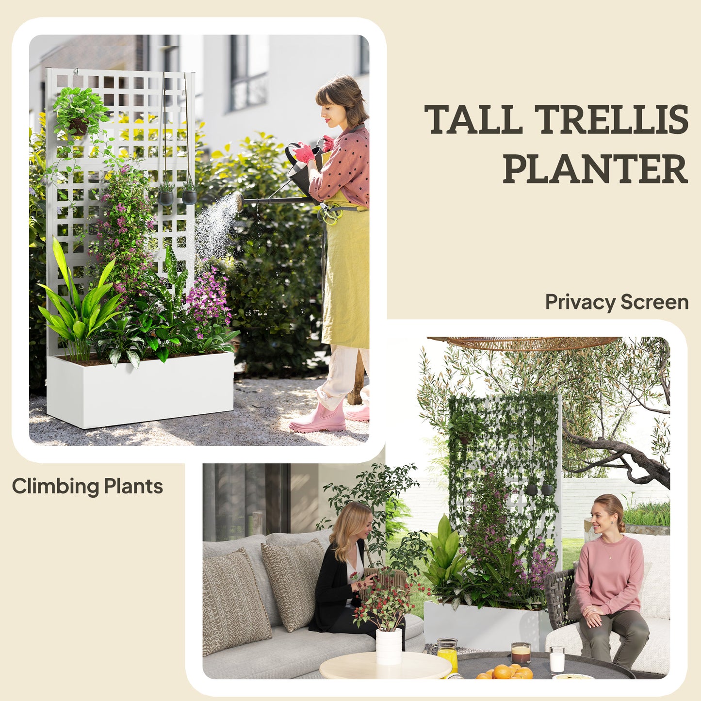 Galvanized Raised Garden Bed Planter Box with Trellis for Climbing Plants, Vegetable, Vines, 35" x 16" x 70", White