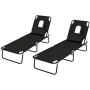 Folding Lounge Chair Set of 2, Reclining Beach Tanning Chair with Face Hole, Pillow, 4-Position Adjustable Flat Sun Lounger, Steel Frame for Outdoor Patio Pool, Black