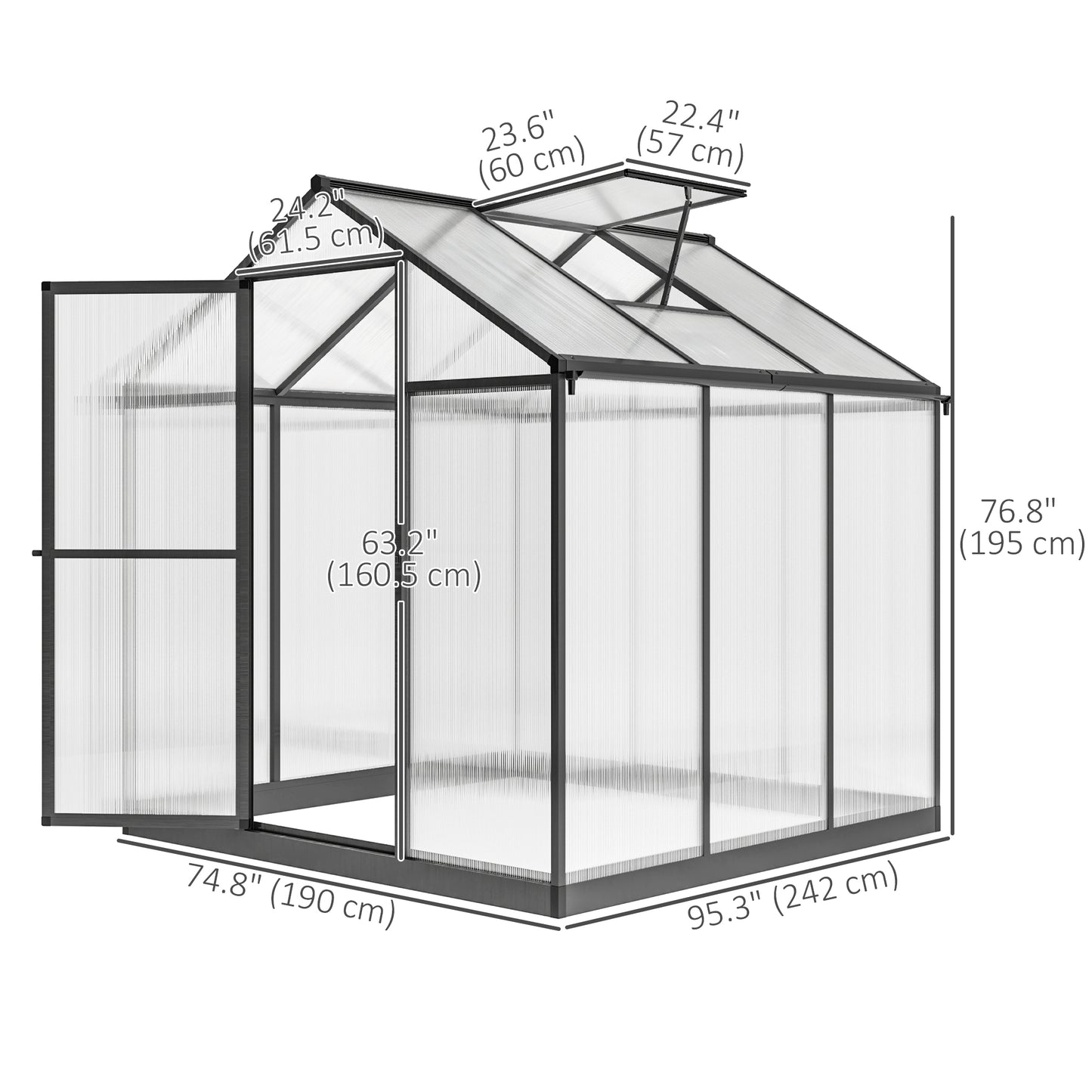 6' x 8' x 6.4' Polycarbonate Greenhouse, Aluminum Walk-In Green House Kit Garden, Plants Grow with Rain Gutter and Roof Vent, Charcoal Grey