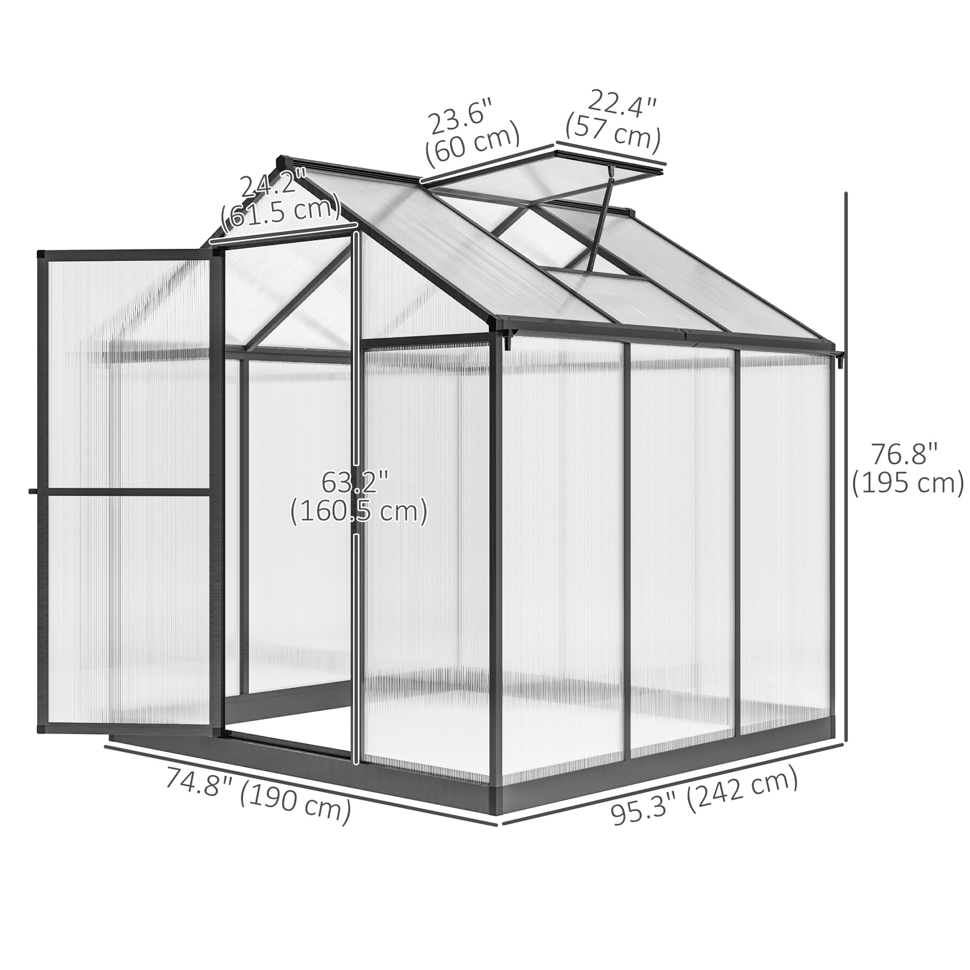 6' x 8' x 6.4' Polycarbonate Greenhouse, Aluminum Walk-In Green House Kit Garden, Plants Grow with Rain Gutter and Roof Vent, Charcoal Grey