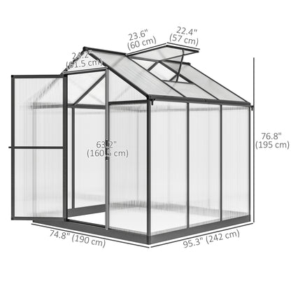 6' x 8' x 6.4' Polycarbonate Greenhouse, Aluminum Walk-In Green House Kit Garden, Plants Grow with Rain Gutter and Roof Vent, Charcoal Grey