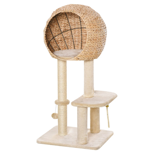 39" H Cat Tree with Sisal Scratching Post, Condo, Plush Perch, Hanging Rope and Hanging Ball, Beige