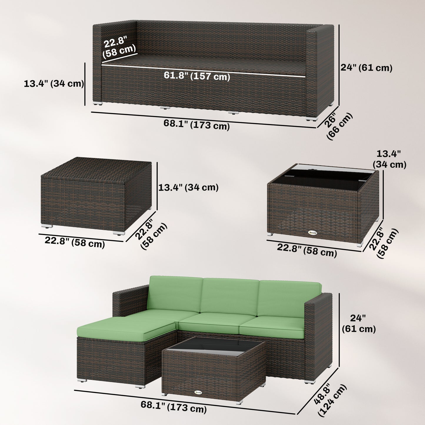 3 Pieces Patio Furniture Set with Cushions, Outdoor PE Rattan Wicker Conversation Corner Sofa Set, Light Green