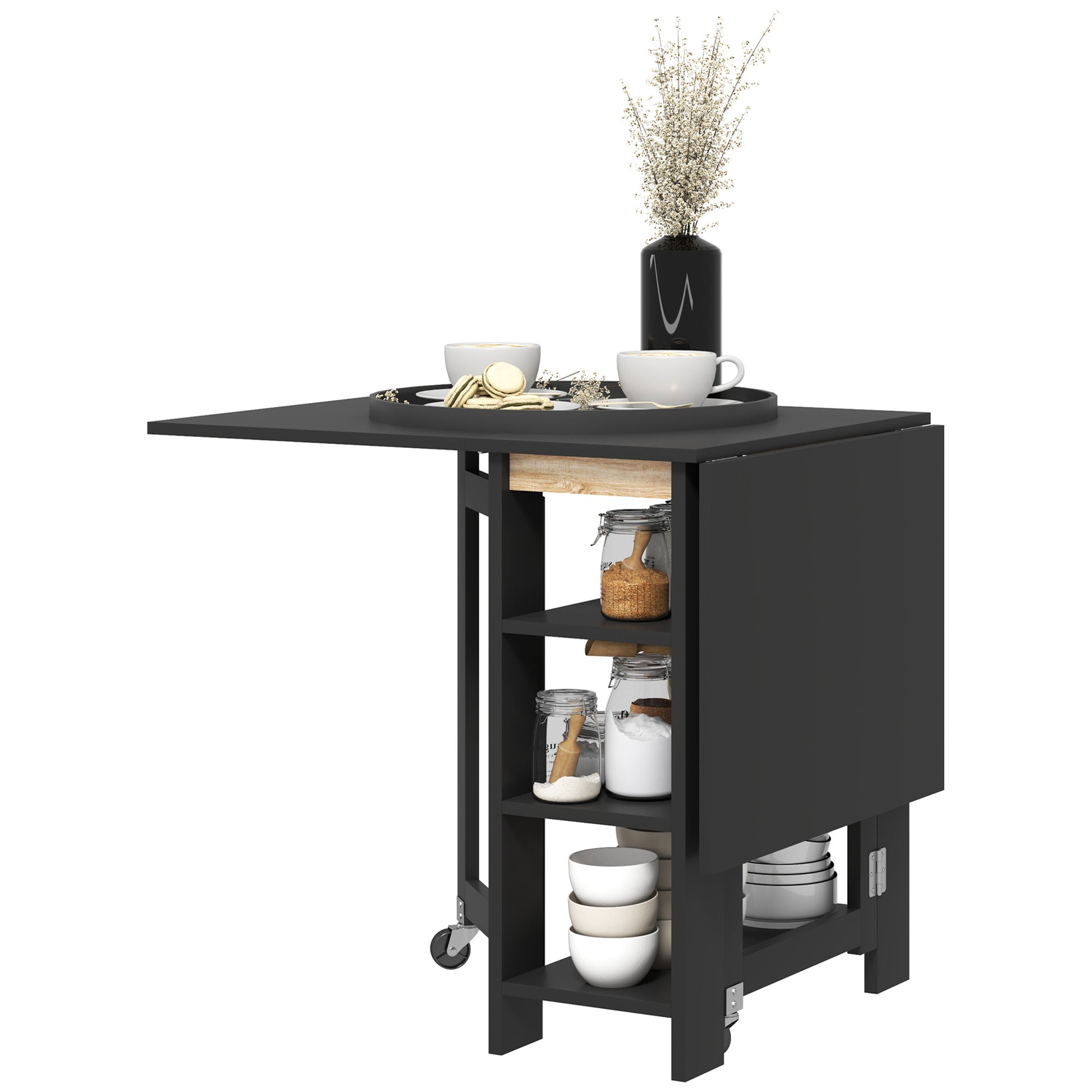 Folding Dining Table with Storage, Drop Leaf Kitchen Table for Small Spaces, Black