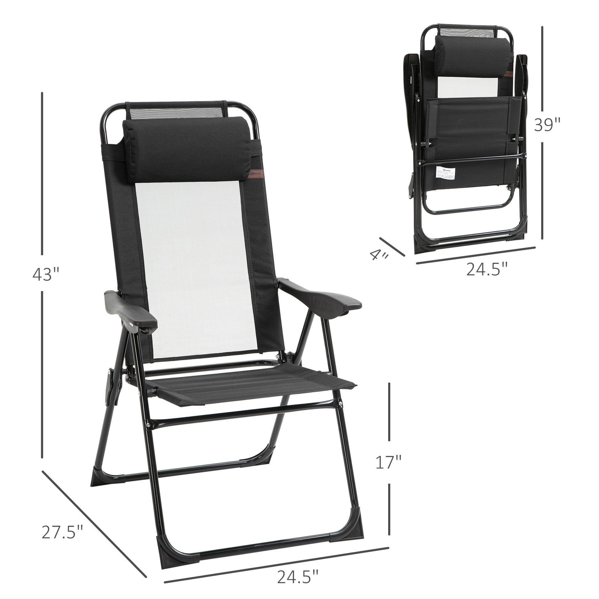 Set of 4 Camping Chairs, Outdoor Folding Lounge Chair Set with 5 Level Adjustable Backrest, Removable Headrest, Armrest for Camping, Backyard, Black
