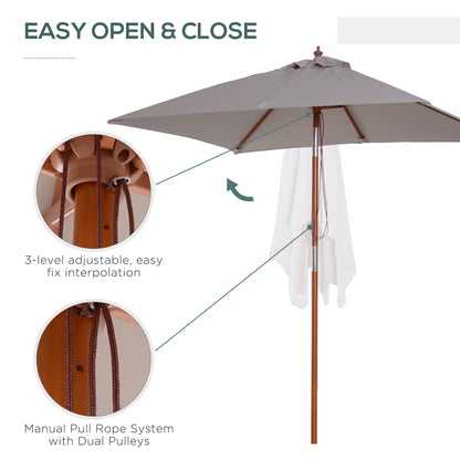 6.6 x 5ft Fir Wooden Patio Umbrella Market Parasol Tilt Mechanism 6 Ribs Garden Sunshade, Grey