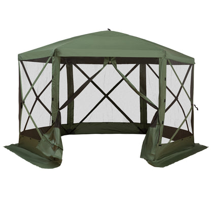 12' x 12' Hexagon Automatic Pop Up Screen Tents Camping Shelter Picnic Canopy Outdoor Sun Shade with Mesh Sidewalls and Carry Bag, Green