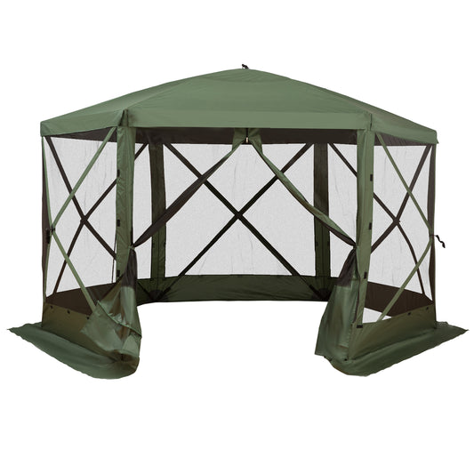 12' x 12' Hexagon Automatic Pop Up Screen Tents Camping Shelter Picnic Canopy Outdoor Sun Shade with Mesh Sidewalls and Carry Bag, Green
