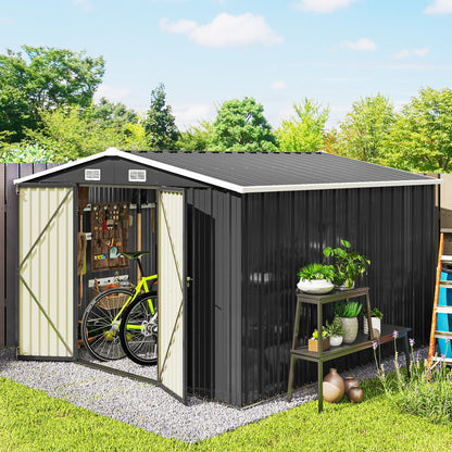 10' x 10' Metal Shed, Heavy Duty Outdoor Storage Shed with 4 Vents and Lockable Double Doors, Dark Grey