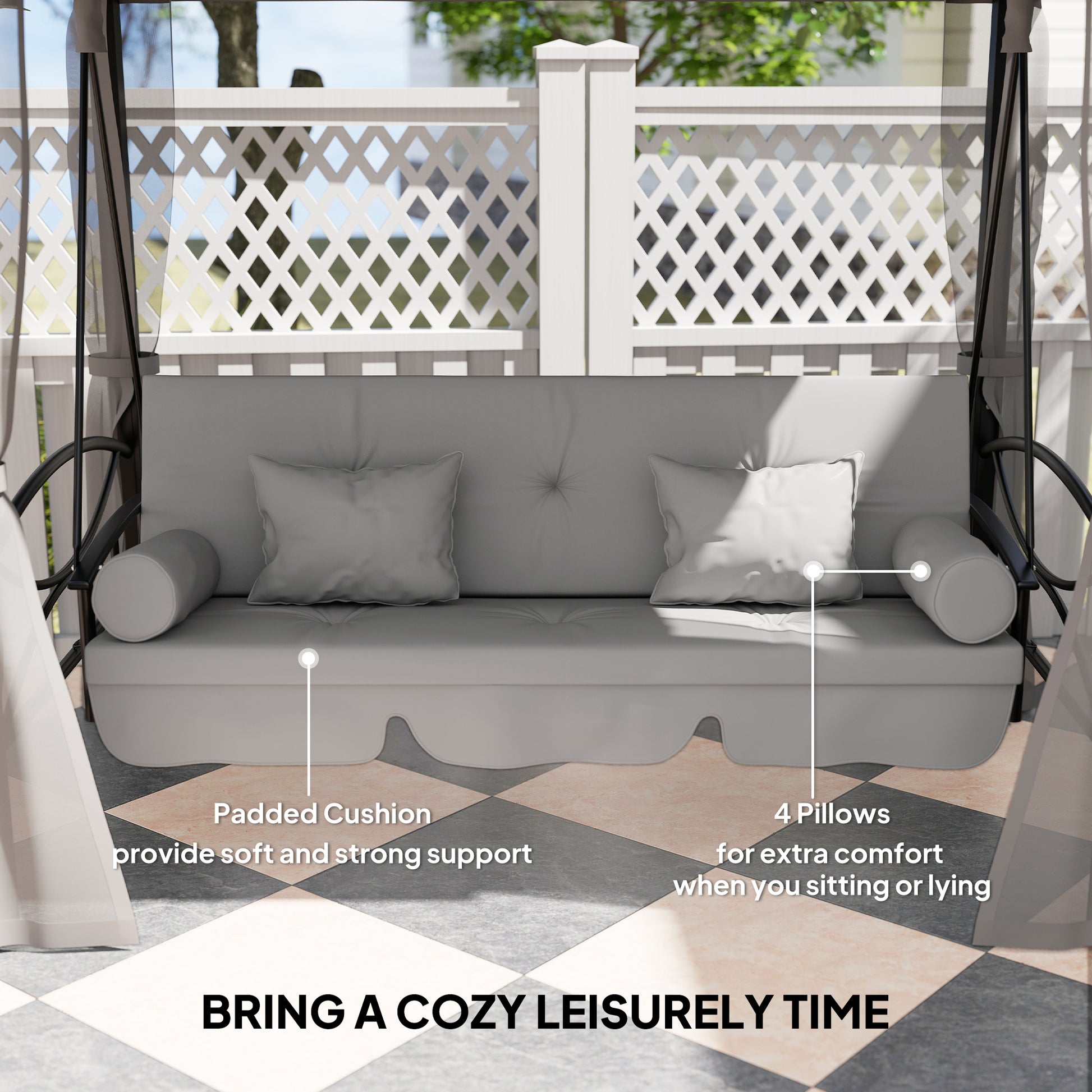 3 Person Outdoor Patio Daybed, 3 in 1 Canopy Gazebo Swing Chair Garden Hammock with Mesh Mosquito and Sun Shade, Grey