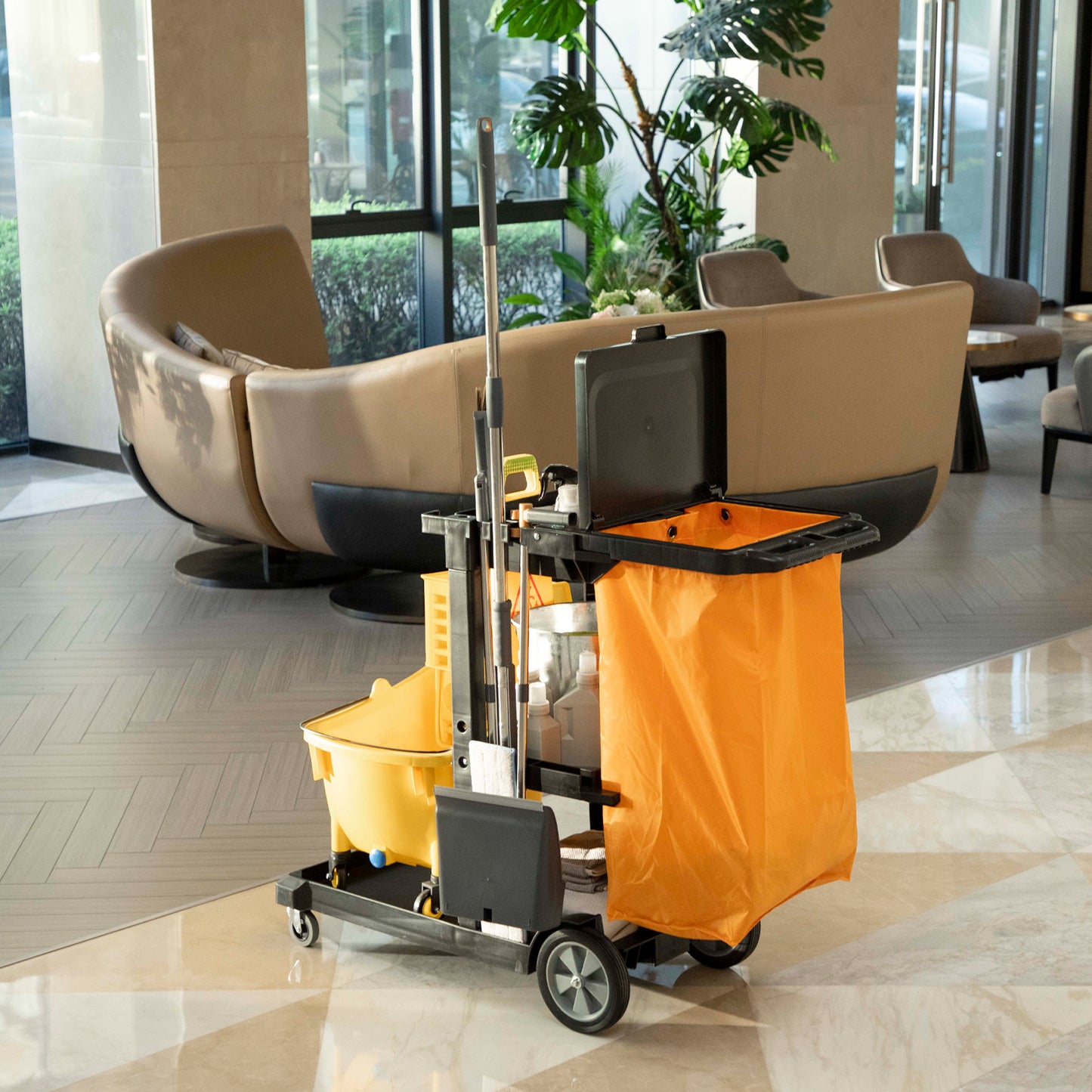 Commercial Janitorial Cart with 3 Tier Shelves, Cleaning Cart with Rubbish Bag and Mop Mount for Hotel Restaurant, Black
