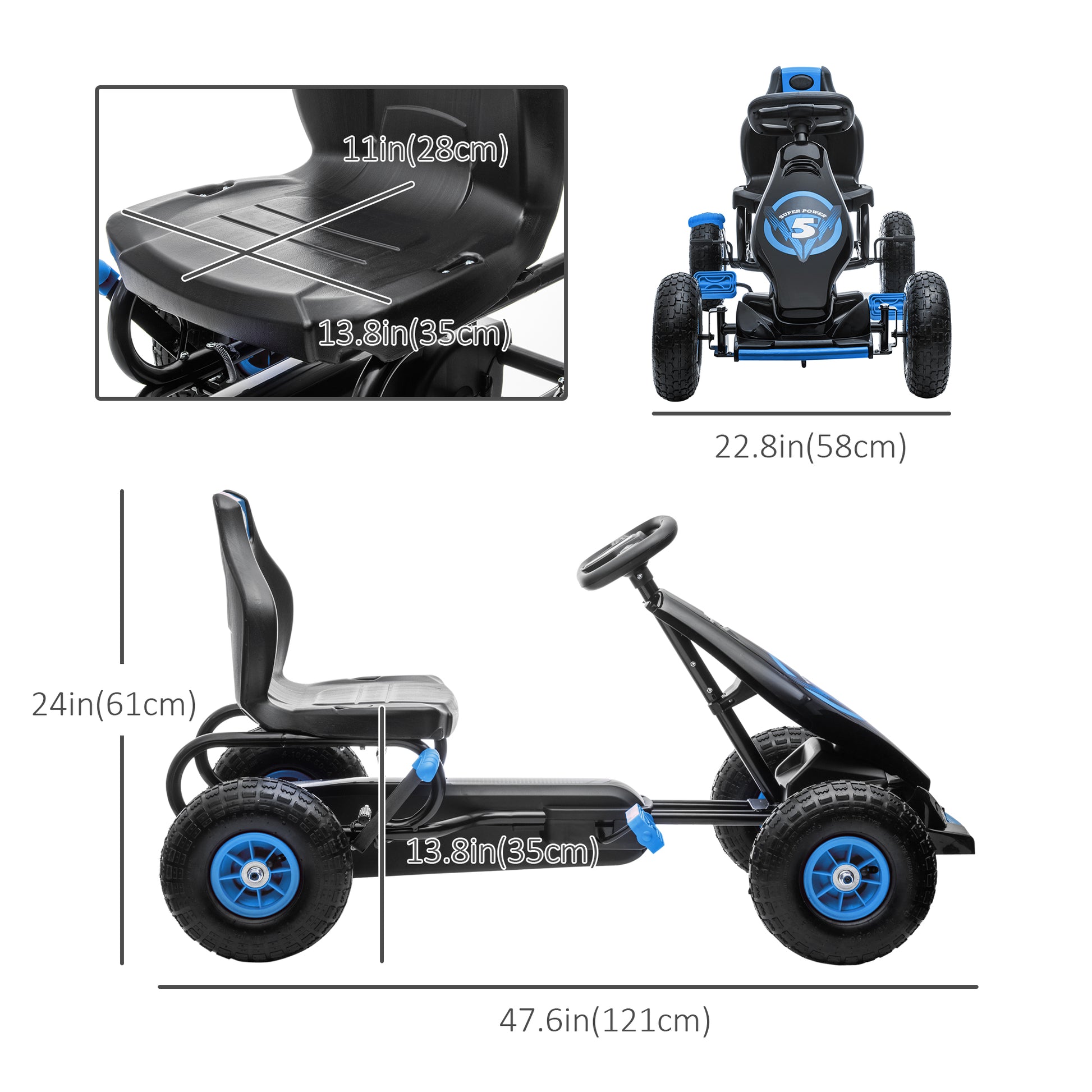 Aosom Kids Pedal Go Kart, Ride On Toys for Boys Girls with Ergonomic Adjustable Seat, Rubber Wheels Shock Absorb, Safety Hand Brake, Ages 5-12 Years Old, Blue