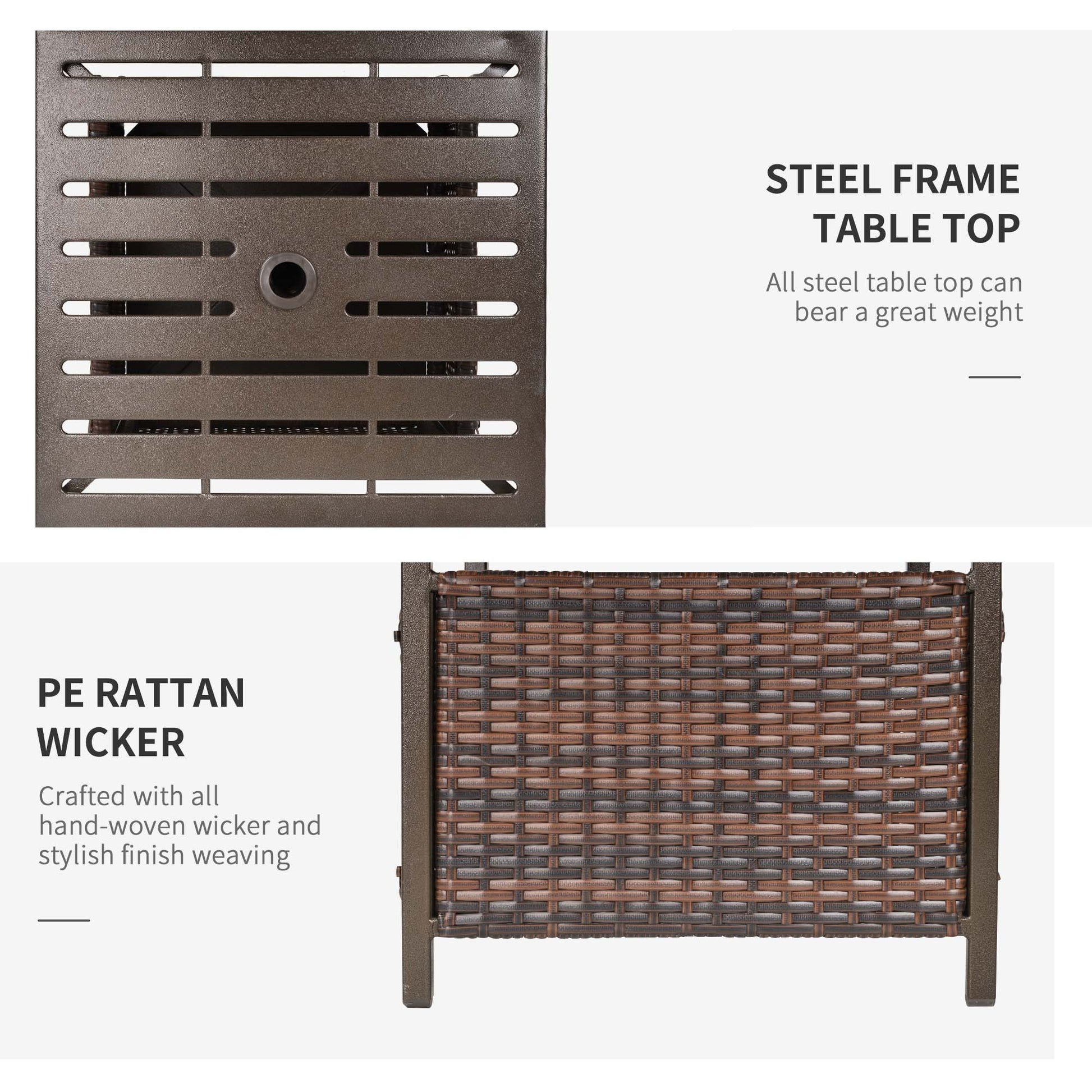 21.75" Outdoor Rattan Wicker Patio Coffee Table with Umbrella Hole, Patio Side Table with Slatted Metal Top, Brown