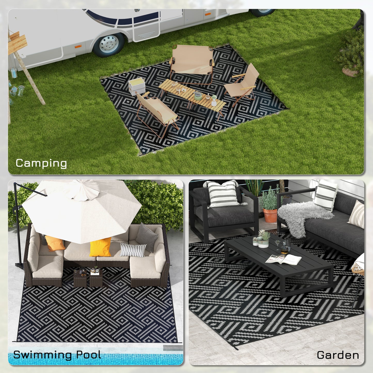 Reversible Outdoor Rug Waterproof Plastic Straw RV Rug with Carry Bag, 9' x 12', Black and Grey Geometric