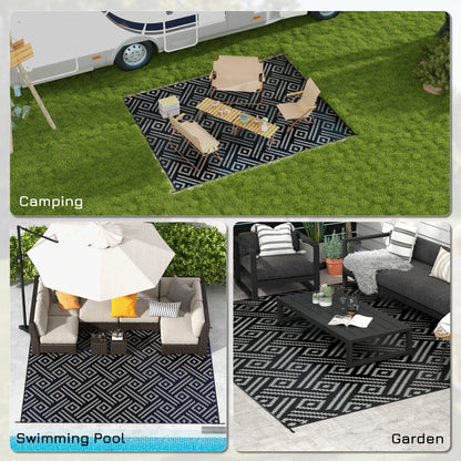 Reversible Outdoor Rug Waterproof Plastic Straw RV Rug with Carry Bag, 9' x 12', Black and Grey Geometric