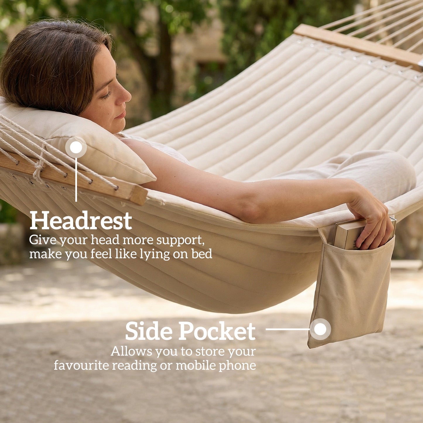 Outdoor Hammock Padded Camping Hammock with Pillow & Spreader Bars 200 x 140 cm Cream White