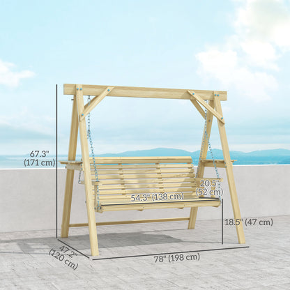 3 Seat Wooden Porch Swing with Stand, Patio Swing with Side Tables, for Garden, Poolside, Backyard, Natural Wood