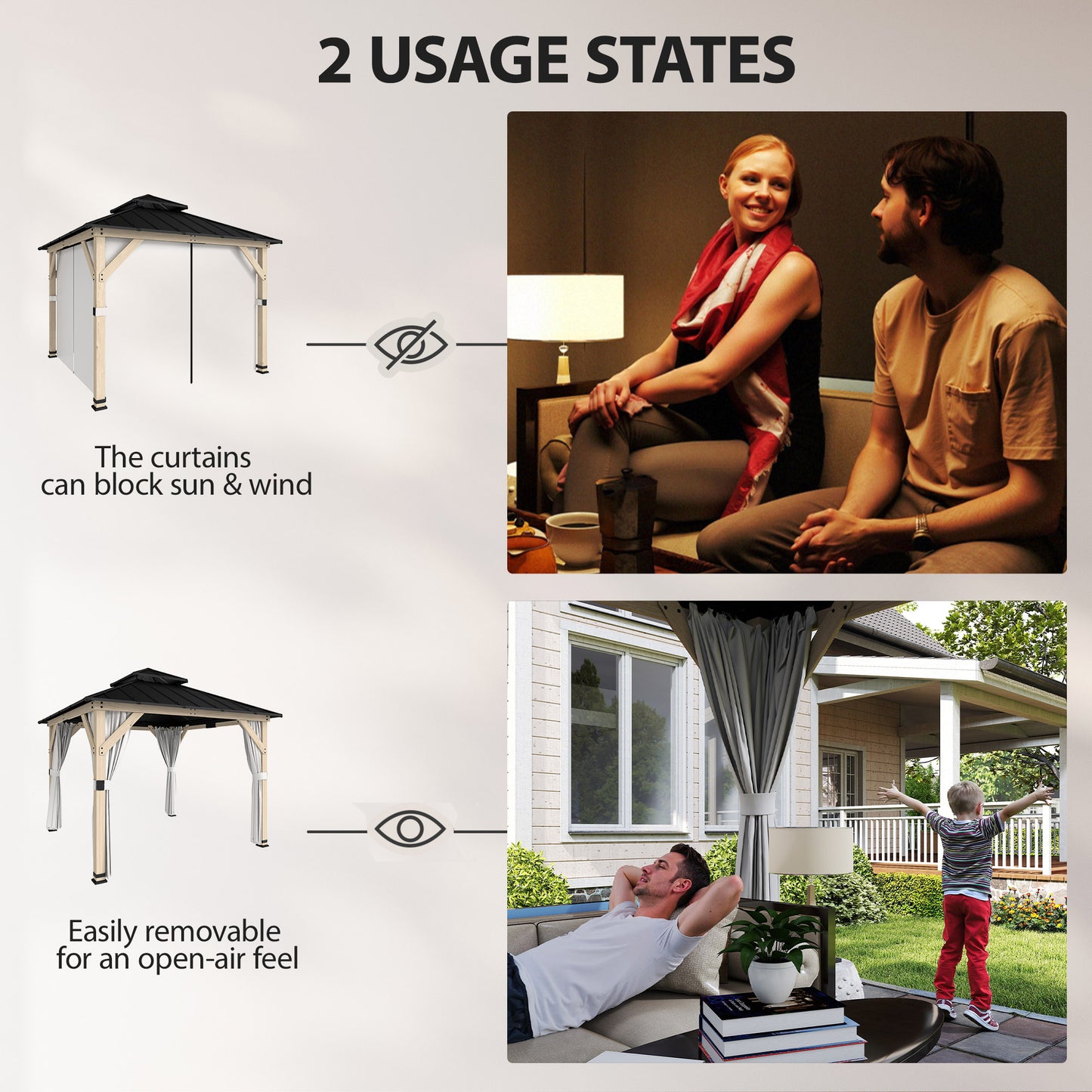 10' x 10' Outdoor Hardtop Gazebo with Double Steel Roof, Wood Patio Gazebo with Curtains, Hook, Light Grey