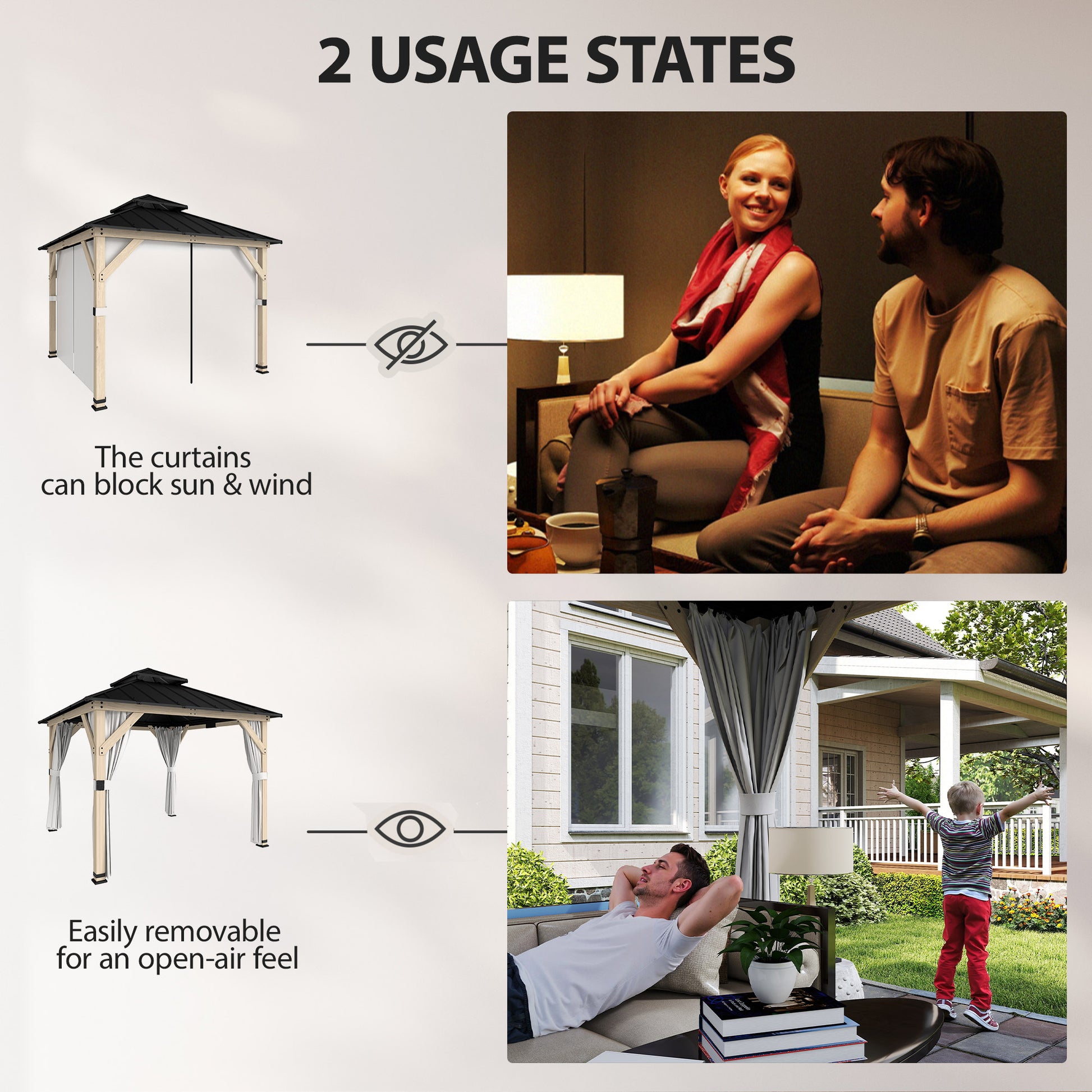 10' x 10' Outdoor Hardtop Gazebo with Double Steel Roof, Wood Patio Gazebo with Curtains, Hook, Light Grey