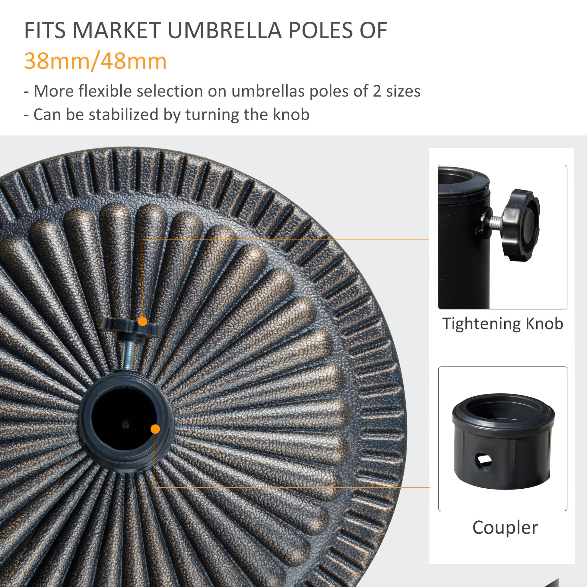 Round Umbrella Base Φ19.1", 31.5 lbs Resin Stand with Decorative Design for Poles 1.5"/1.9", Bronze