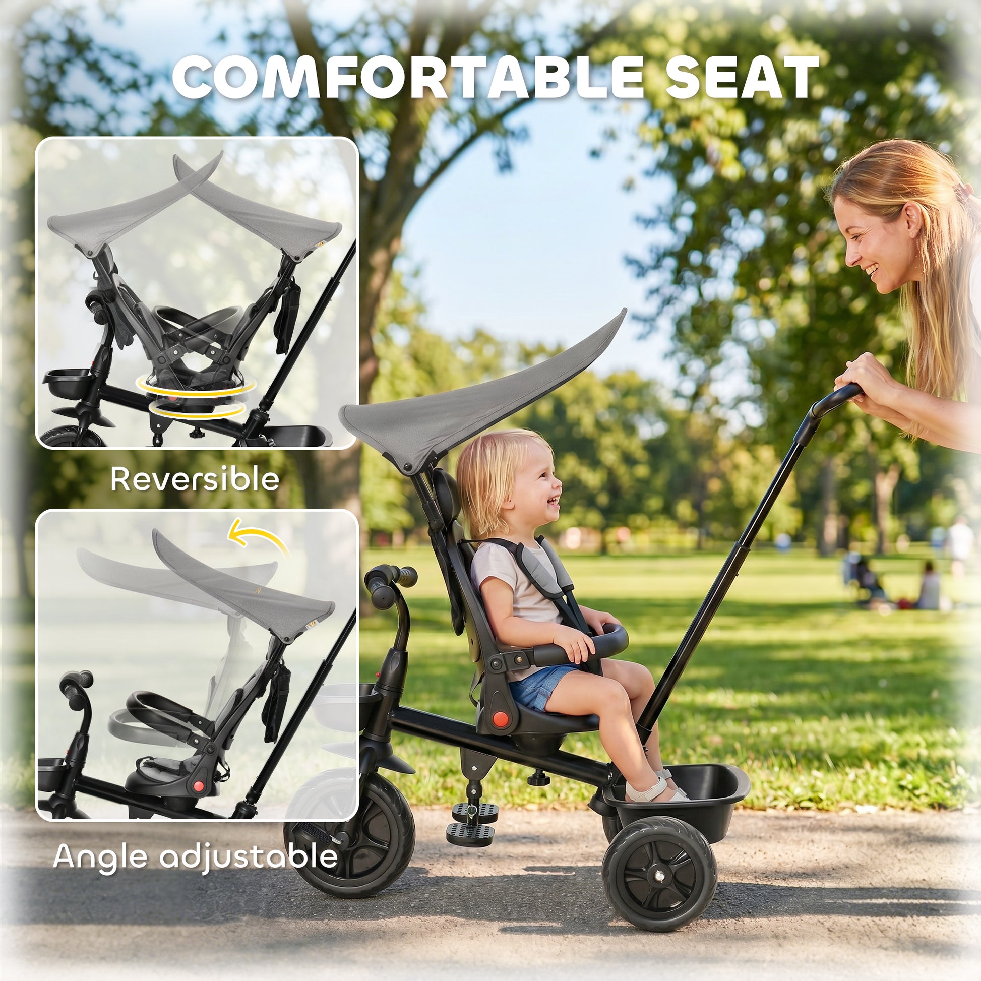 Qaba Tricycle for Toddler 4 in 1 Kids Trike, Converts Stroller to Toddler Bike, Adjustable Backrest & Flat Canopy, Detachable Guardrail & Handle for 1-5 Years Old, Grey