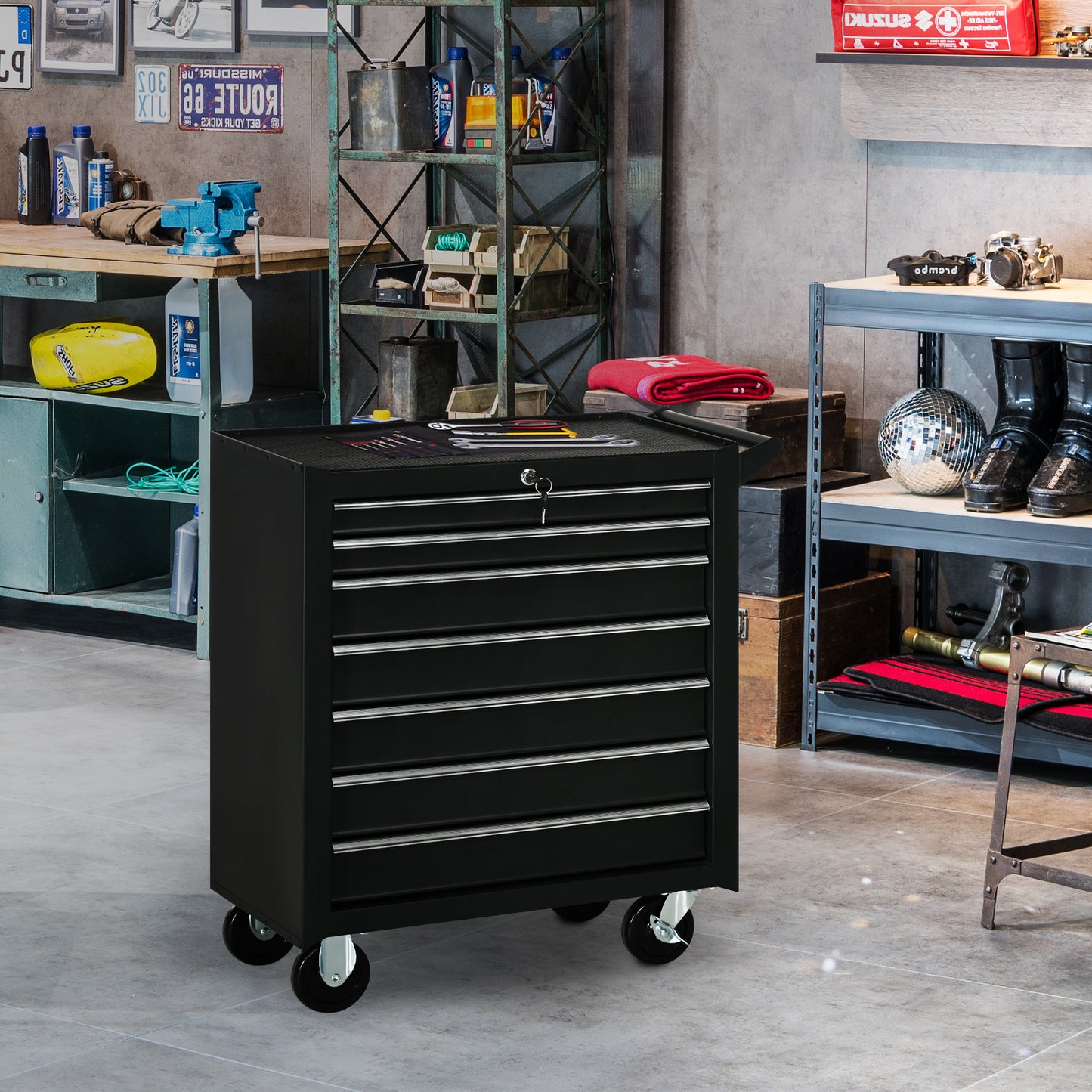 Mobile Lockable Toolbox, 7 Drawer Tool Chest, Storage Organizer with Handle for Workshop, Mechanics, Garage, Black