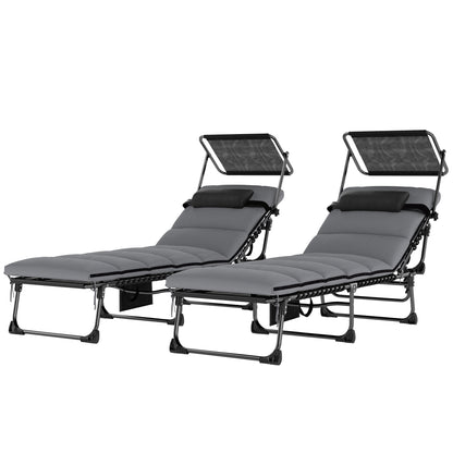 Outdoor Chaise Lounge Chairs, 2 PCS Folding Lounge Chairs with Adjustable 5-Position, Cushion, Canopy, Side Pocket