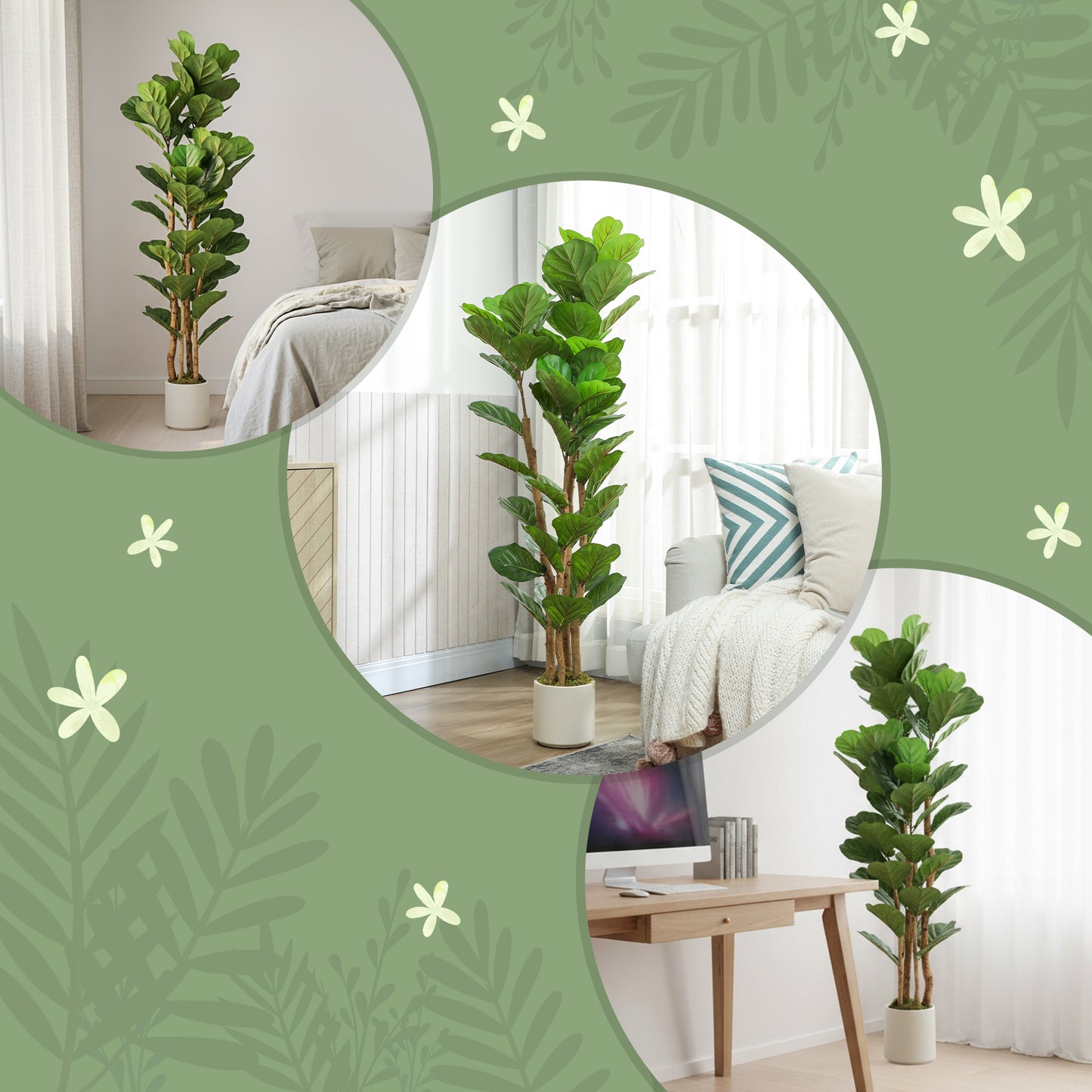 5FT Artificial Fiddle Leaf Fig Tree, Fake Potted Tree with Solid Wood Trunks for Indoor Decor, Green