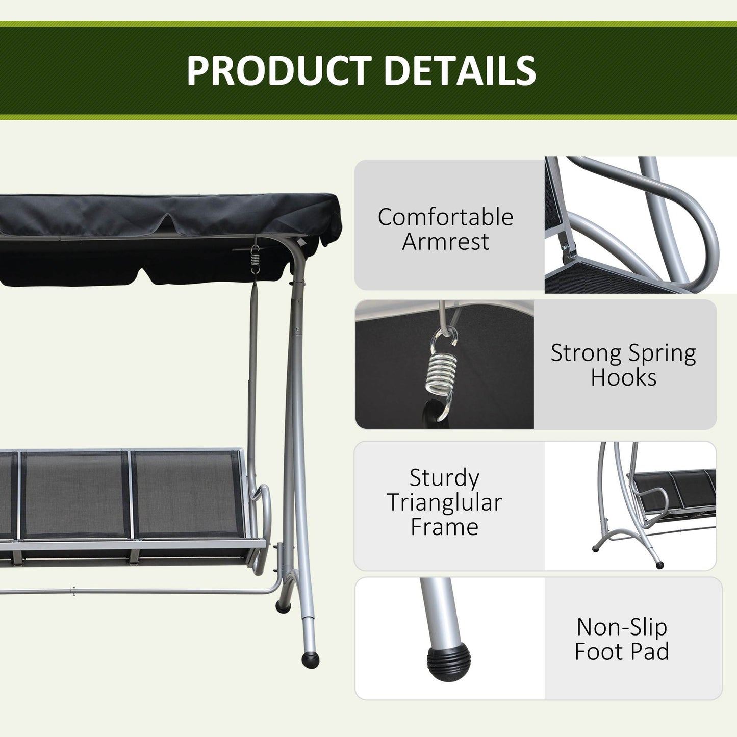 3-Seater Outdoor Swing Chair Bench with Adjustable Canopy, Black