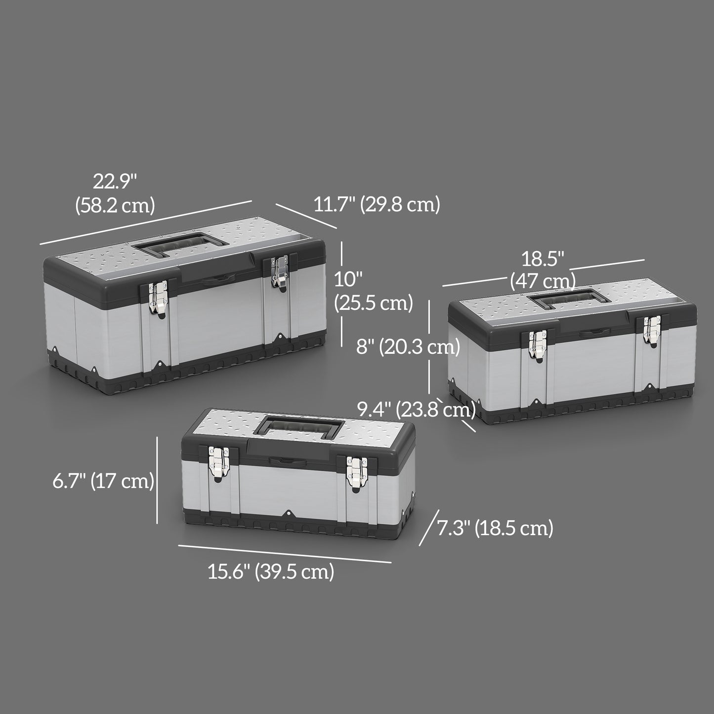 3 Pieces Tool Box Set, Stainless Steel Toolbox with Tray, Handles, Latches, Tool Case for Workshop, Garage