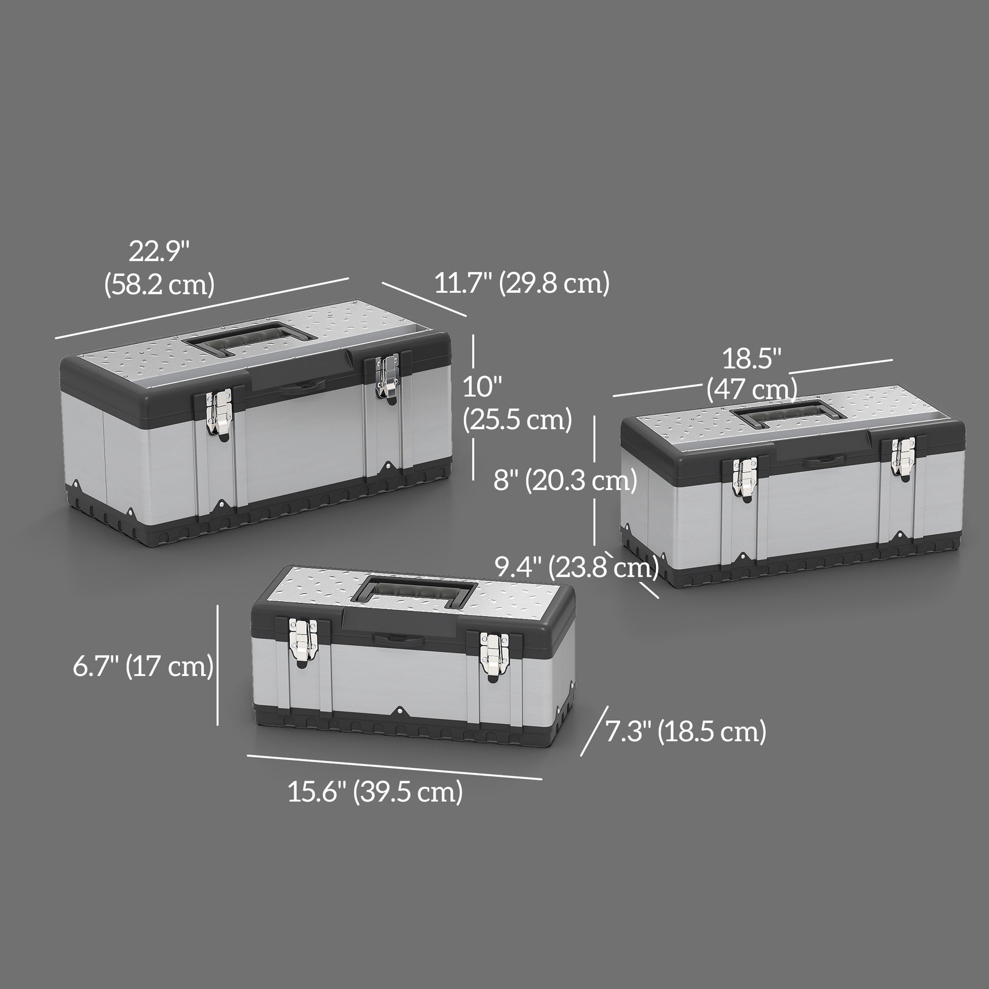 3 Pieces Tool Box Set, Stainless Steel Toolbox with Tray, Handles, Latches, Tool Case for Workshop, Garage