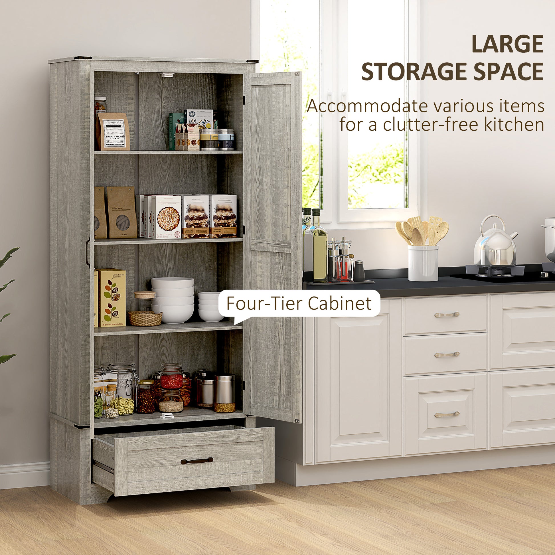 72" Farmhouse Pantry Cabinet with Adjustable Shelves, Kitchen Pantry Cabinet with 2 Doors, Distressed Light Grey