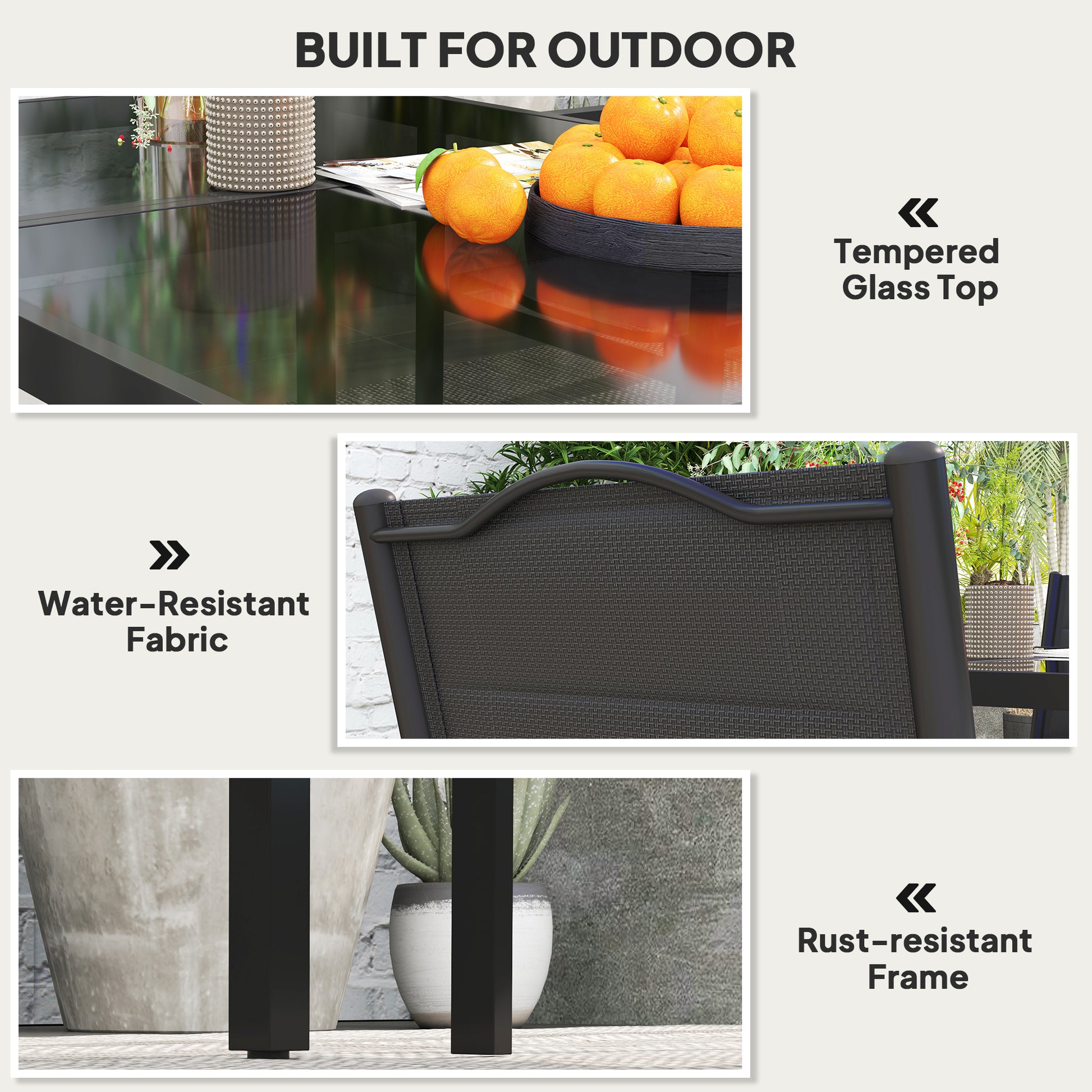 5 Piece Outdoor Dining Set w/ 4 Stackable Chairs, Rectangle Table, Tempered Glass Top, Steel Frame, Black