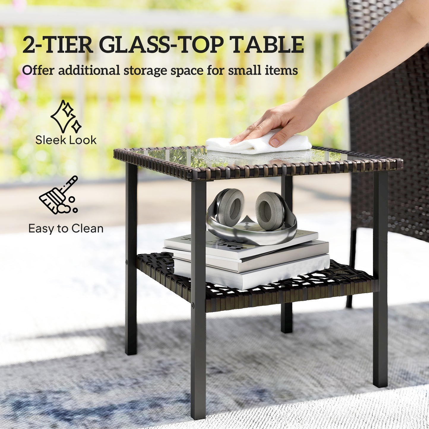 Wicker Bistro Set, 3 Piece Patio Furniture Set with 2-Tier Glass Top Table, Cushions for Balcony, Porch, Khaki