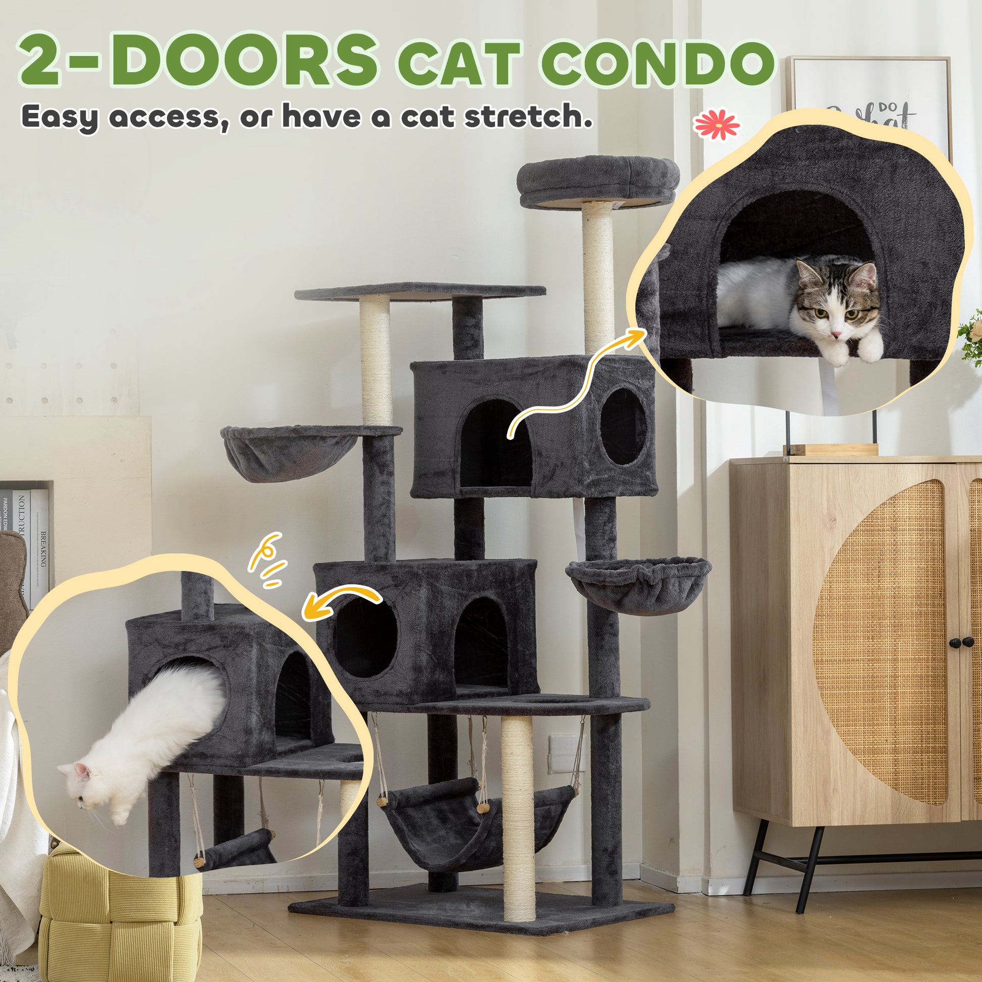 66 Inch Large Cat Tree with 2 Door Condos, 3 Big Hammocks, Plush Top Perch, Sisal Scratching Posts, Dark Grey