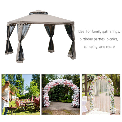10' x 10' Patio Gazebo Pavilion, 2-Tier Roof Canopy Outdoor Event Party Tent with Steel Frame for Garden, Yard and Sun Shade Use, Brown