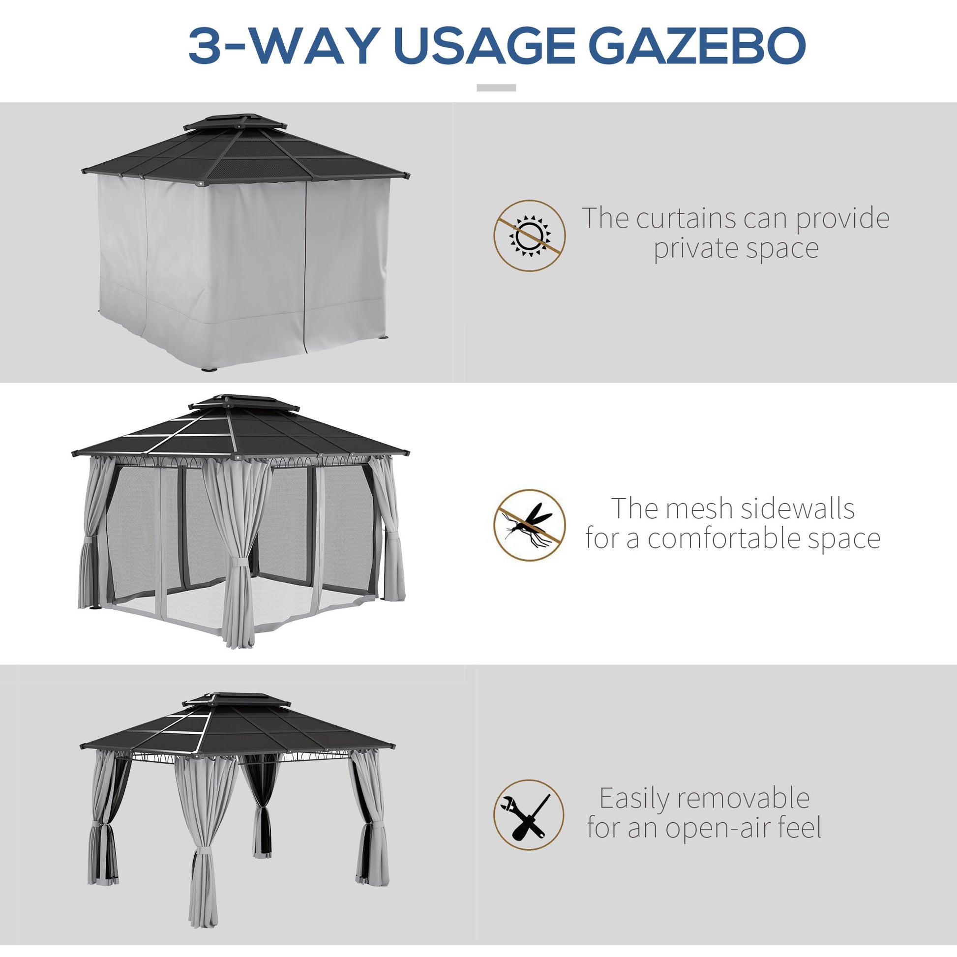 10' x 12' Outdoor Hardtop Gazebo Canopy w/ Double PC Roof, Steel Frame, Nettings, Curtains for Garden Lawn Deck, Grey