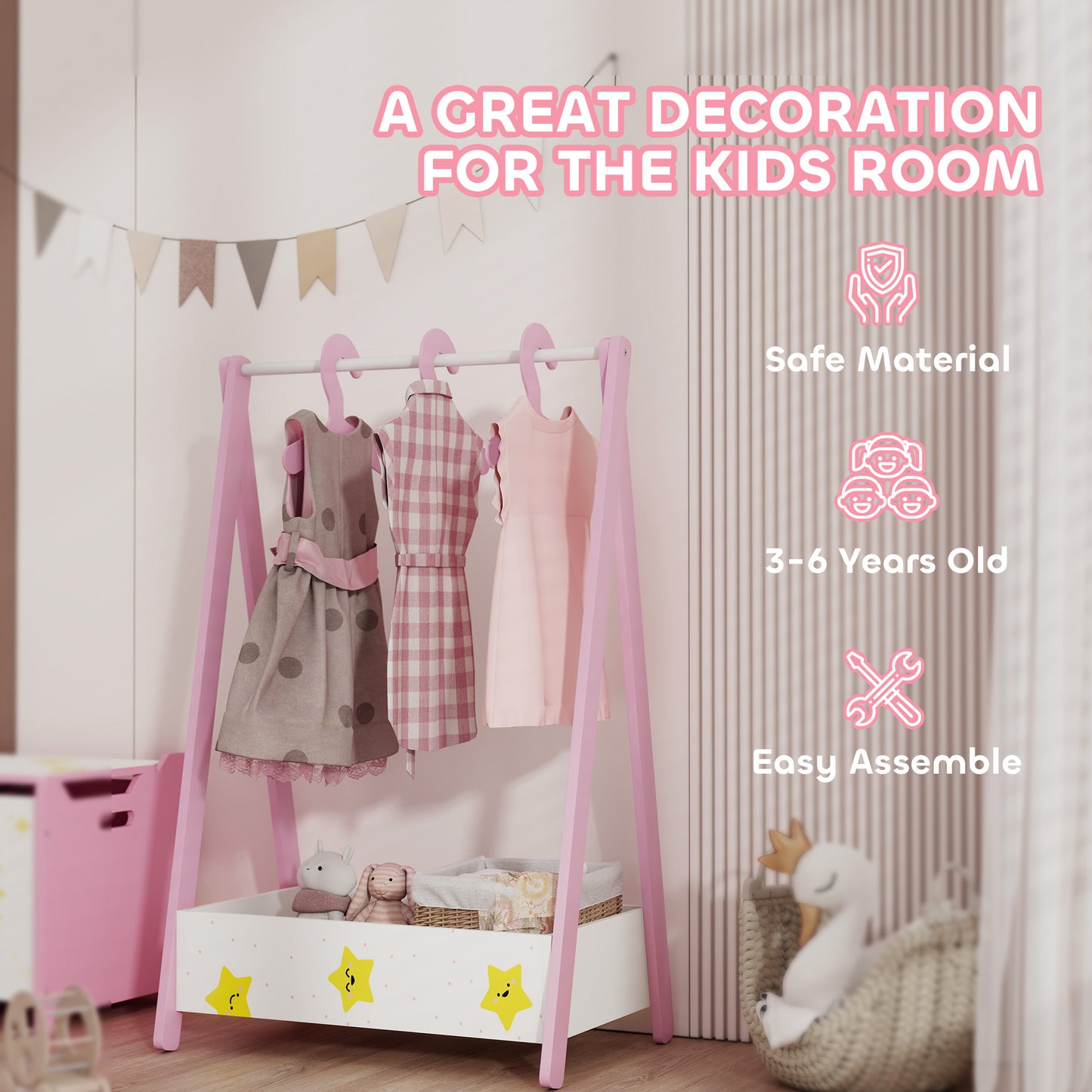 Qaba Kids Clothing Rack with Storage Shelf, Hangers, for Nursery Room, Living Room, Playroom, Pink