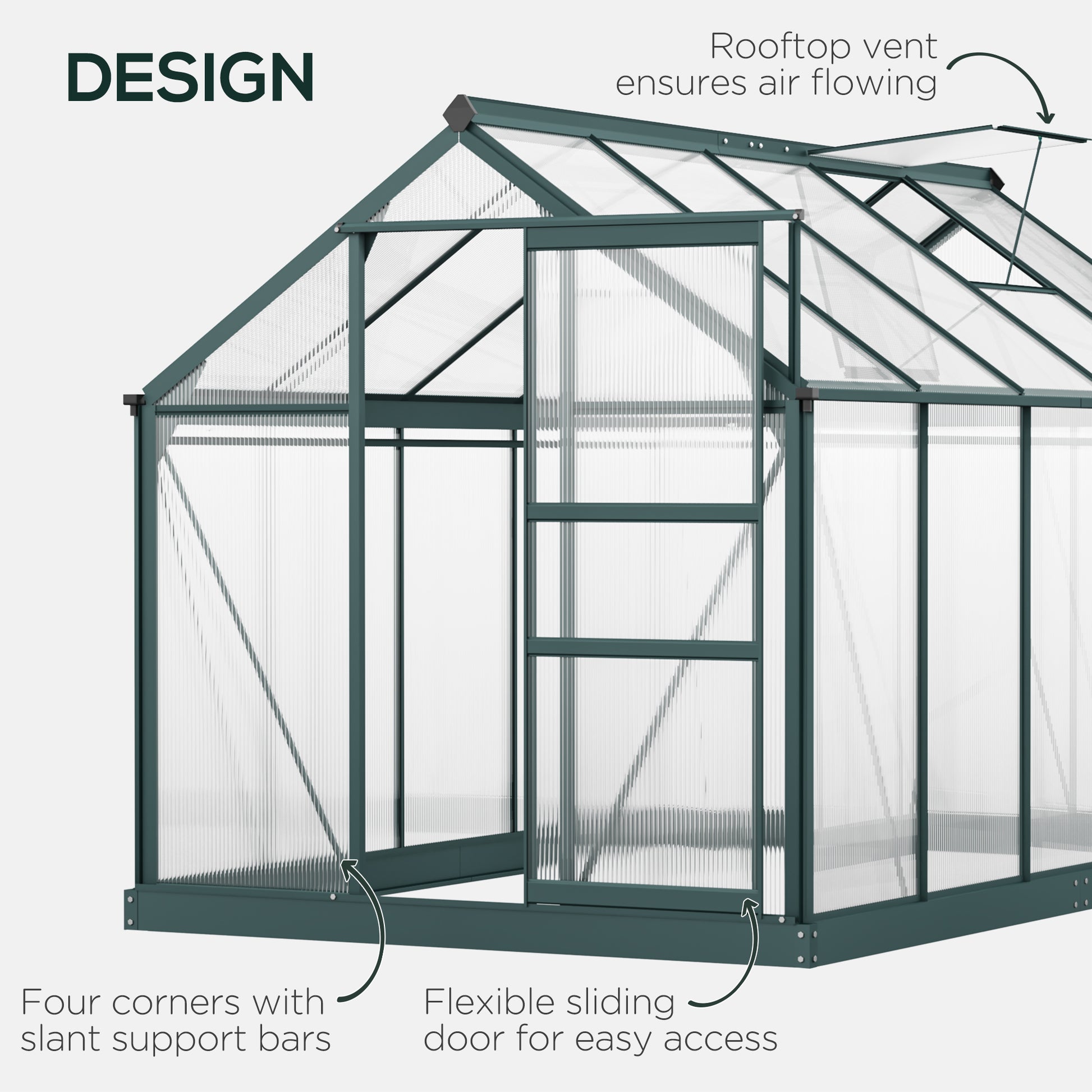 6' x 10' x 6.6' Polycarbonate Greenhouse, Walk-In Green House Kit Garden, Plants Grow, Galvanized Sheet Aluminum Frame with Rain Gutter, Vents and Sliding Door, Green
