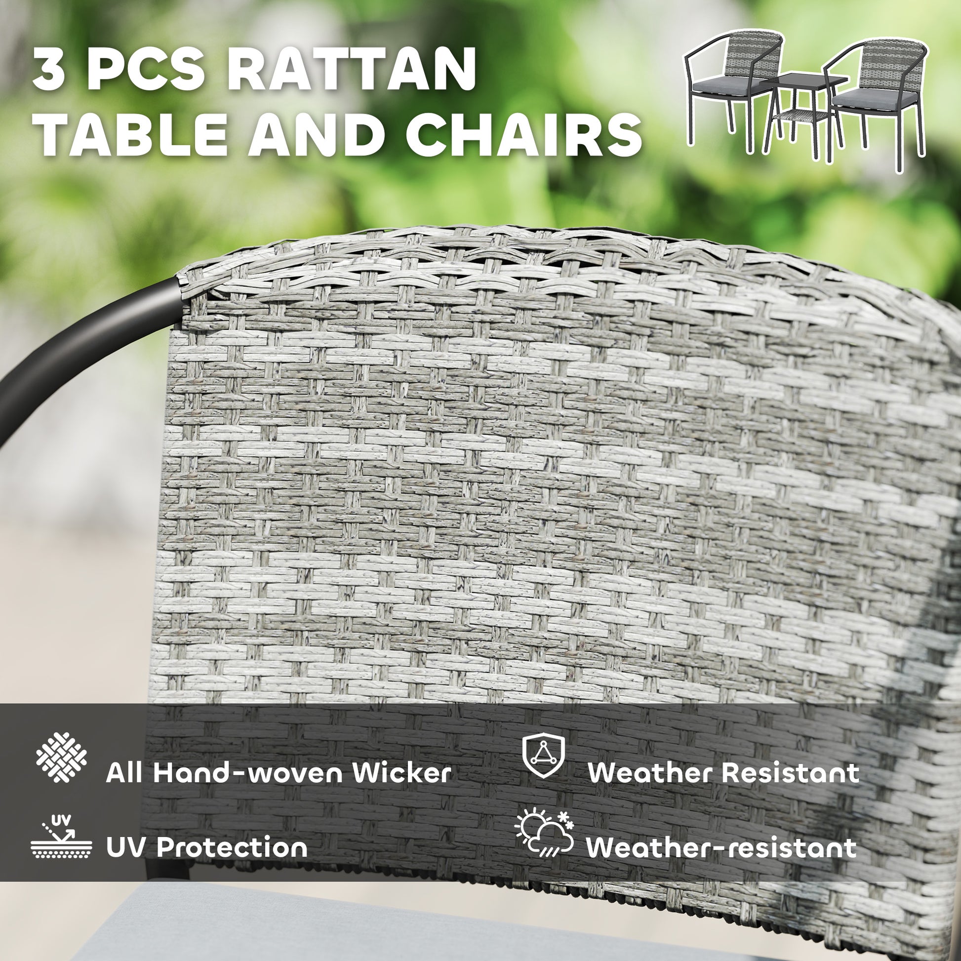 Outdoor Bistro Set, 3 Piece Wicker Patio Furniture Set with Armchairs, 2-Tier Glass Table, Cushions, Dark Grey