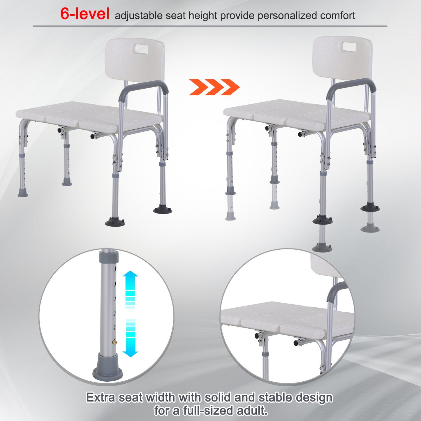 6-Level Adjustable Bath and Shower Transfer Bench Aluminum Chair with Non-Slip Feet, Armrest & Backrest White