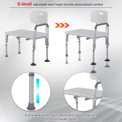 6-Level Adjustable Bath and Shower Transfer Bench Aluminum Chair with Non-Slip Feet, Armrest & Backrest White