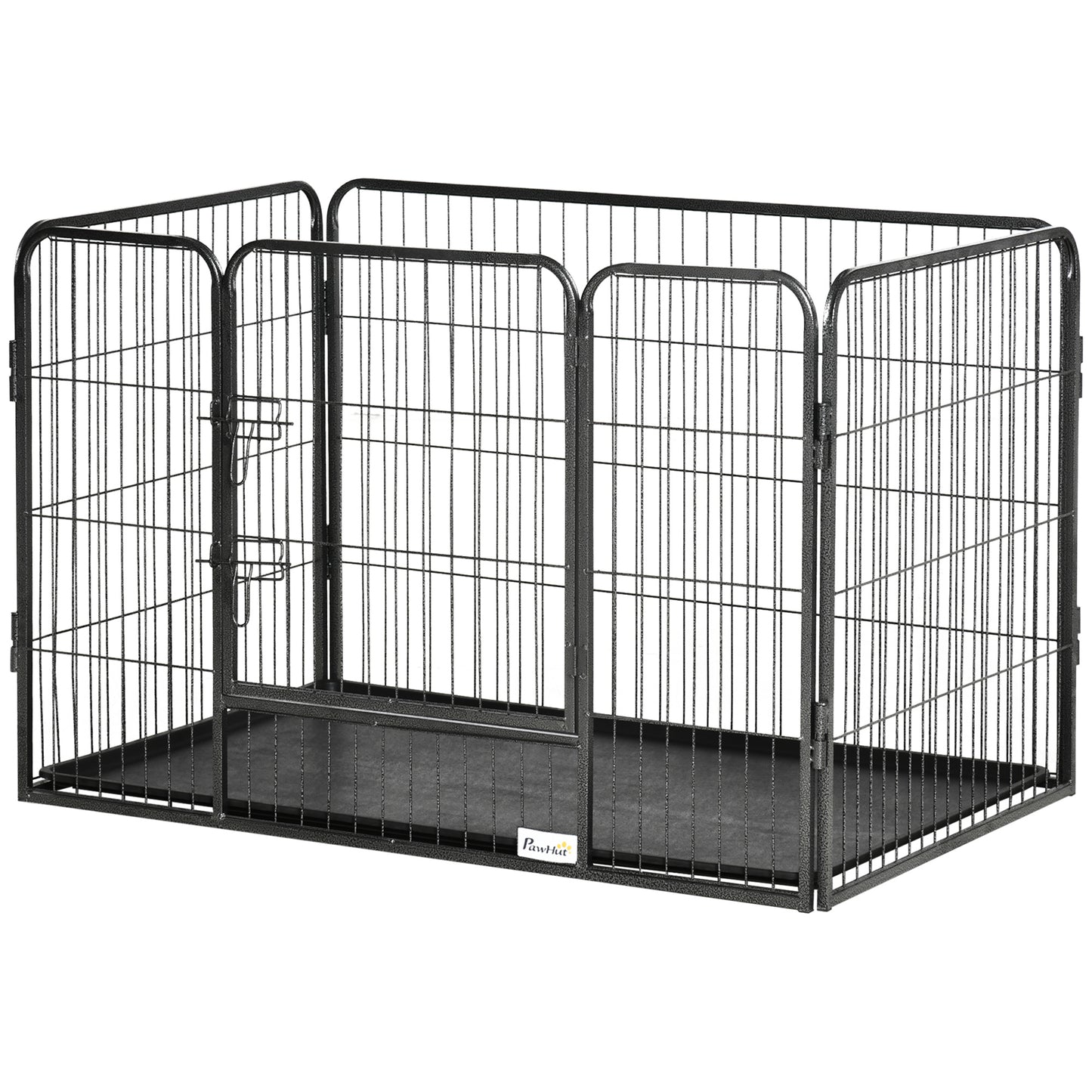 4 Panels Dog Playpen, Heavy Duty Dog Fence, 28" H Portable Pet Playpen with Door Double Locking Latches, Tray, Grey
