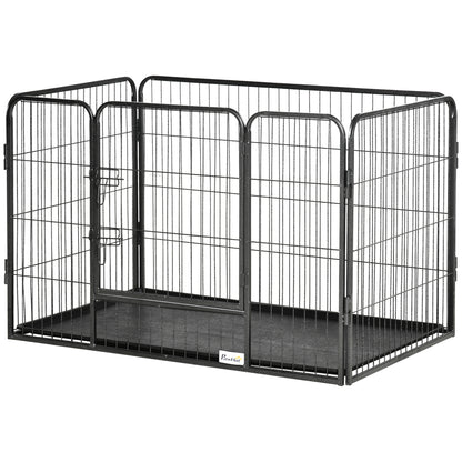 4 Panels Dog Playpen, Heavy Duty Dog Fence, 28" H Portable Pet Playpen with Door Double Locking Latches, Tray, Grey