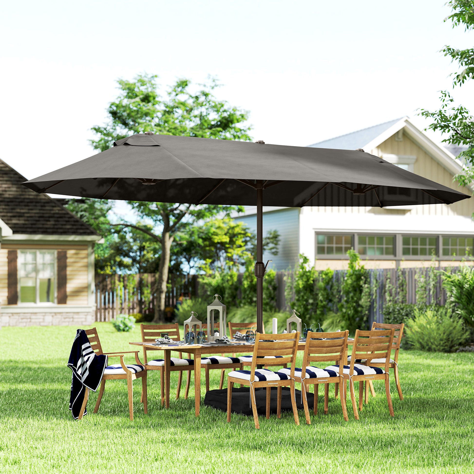 15' Outdoor Patio Umbrella with Twin Canopy Sunshade Steel Table Umbrella with Lift Crank, Cross base, Sandbag, Dark Grey